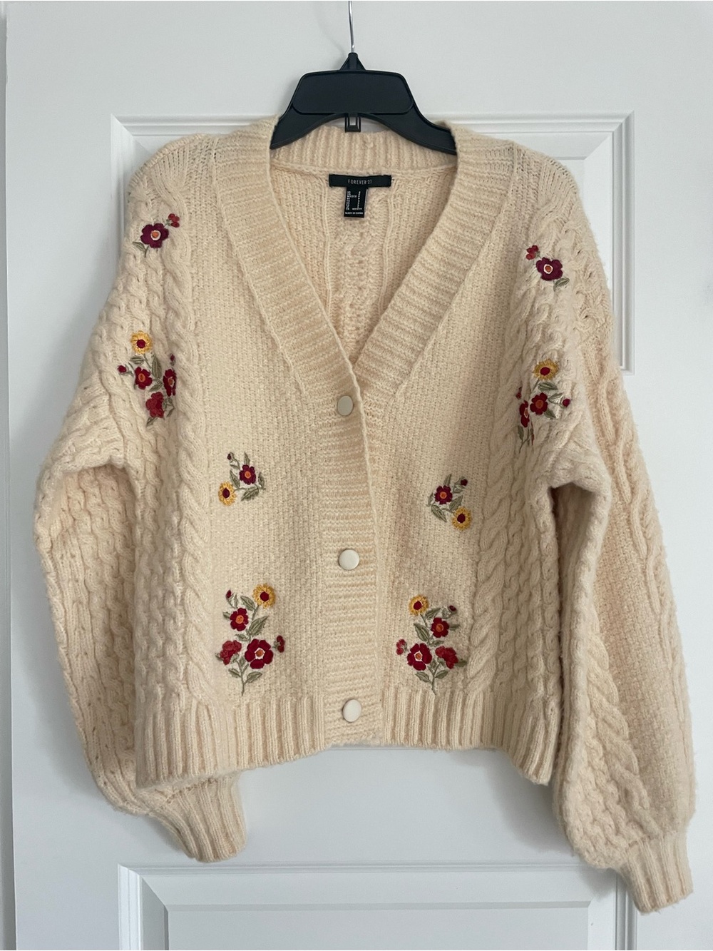 Forever 21 Cream Cable Knit Cardigan with Red and Yellow Floral Embroidery